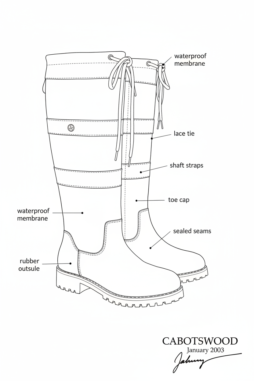 Technical diagram of waterproof country boot with lace tie, shaft straps, rubber outsole, and sealed seams