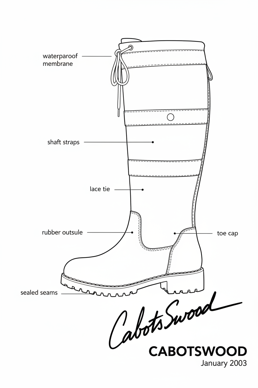 Diagram of handmade leather country boot with waterproof membrane, rubber outsole, and sealed seams