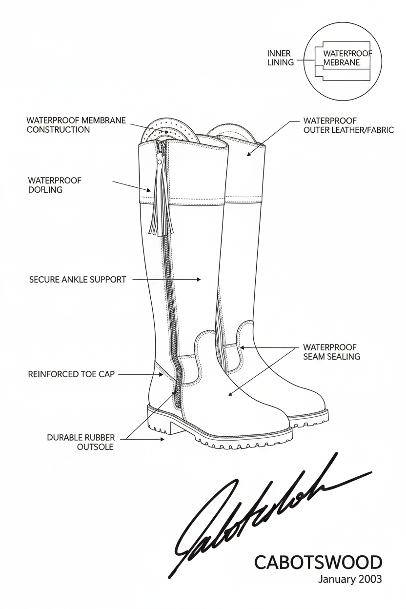 Technical diagram of waterproof country boots with membrane, reinforced toe, and rubber sole