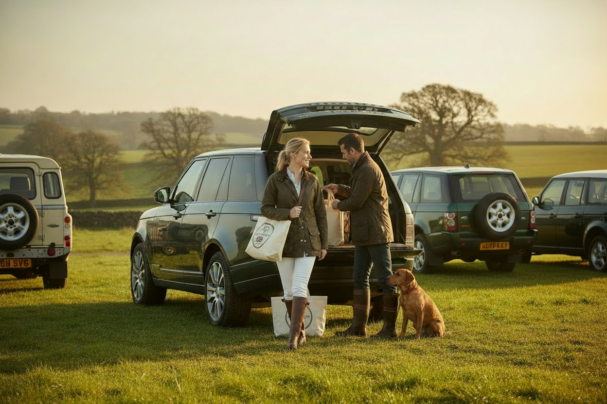 Cabotswood couple at Range Rover with dog and cars