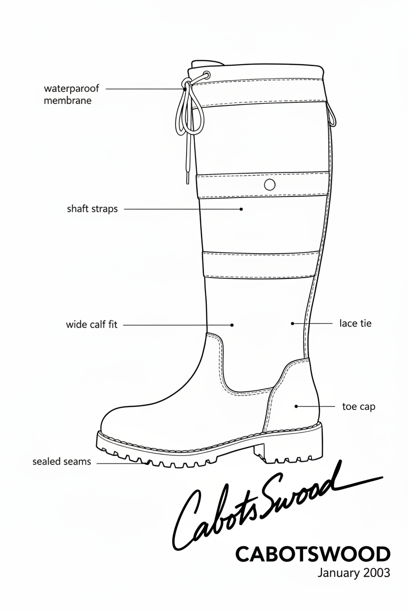 Diagram of waterproof country boot with sealed seams, wide calf fit, and lace tie details
