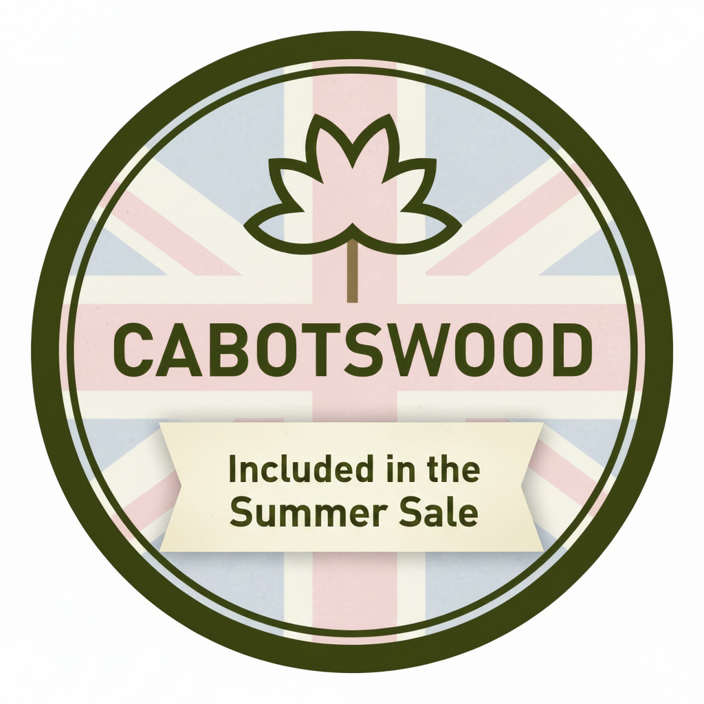 Cabotswood Summer Sale badge with Union Jack design and leaf logo
