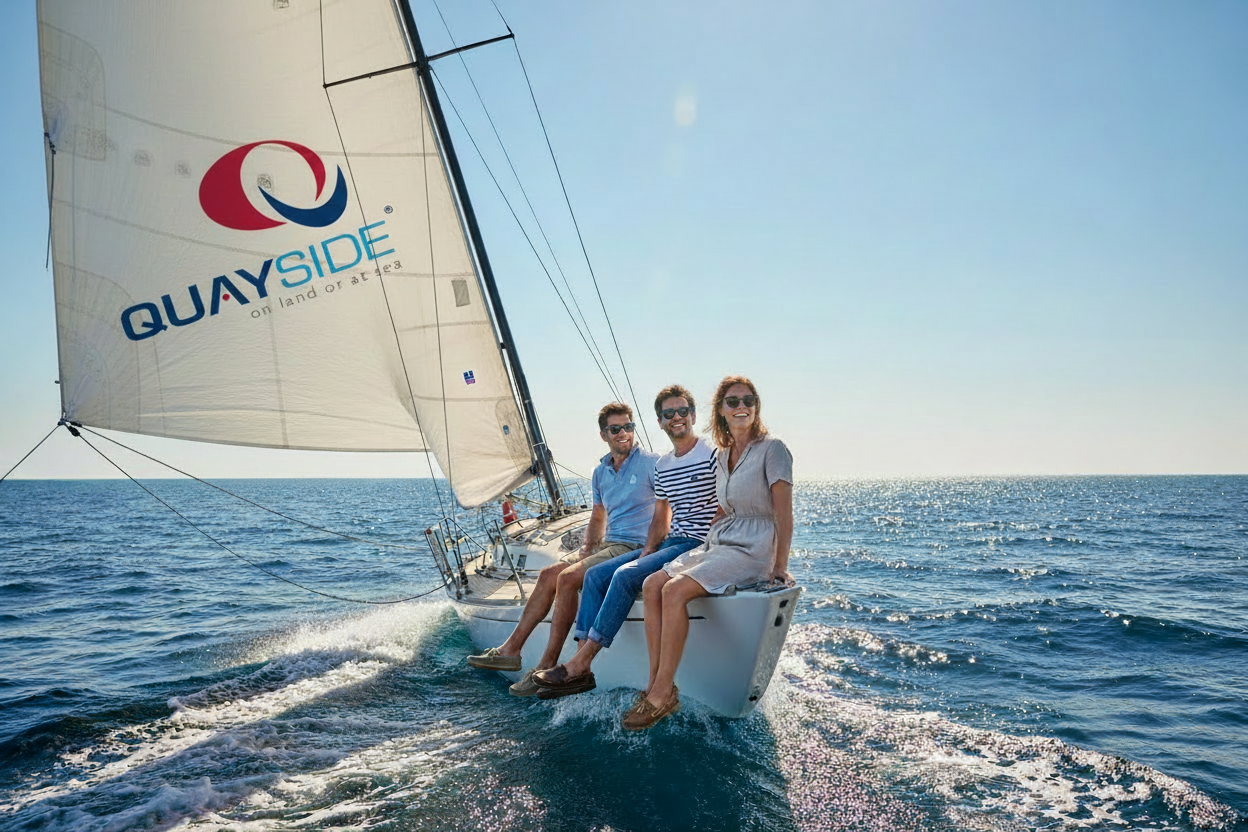 Sailors on yacht with curved Quayside branding on spinnaker
