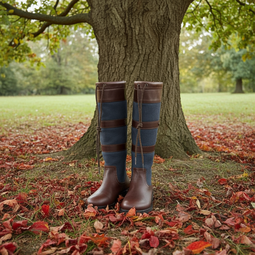 Handmade leather country boots with navy canvas, waterproof and breathable, set against autumn leaves under a tree