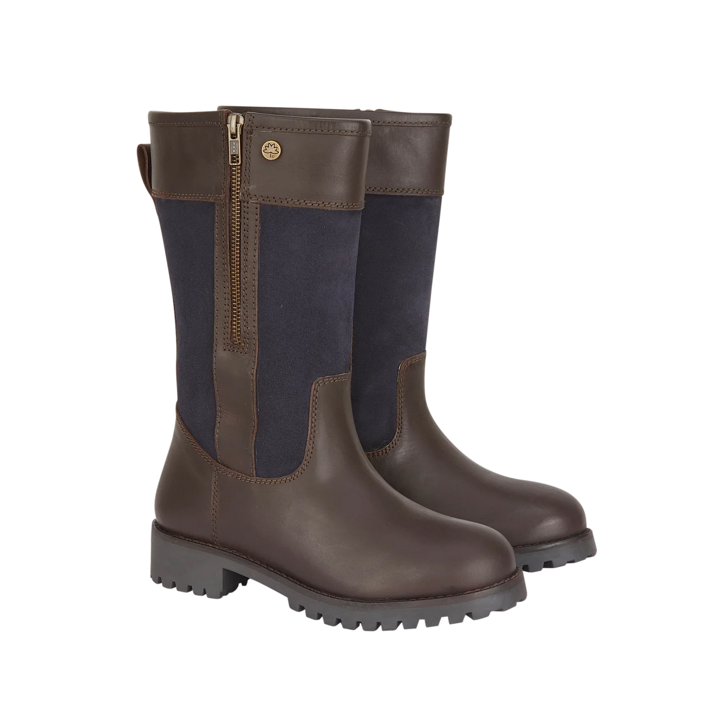 Brown leather country boots with navy suede panels, side zipper, and rugged sole for outdoor wear