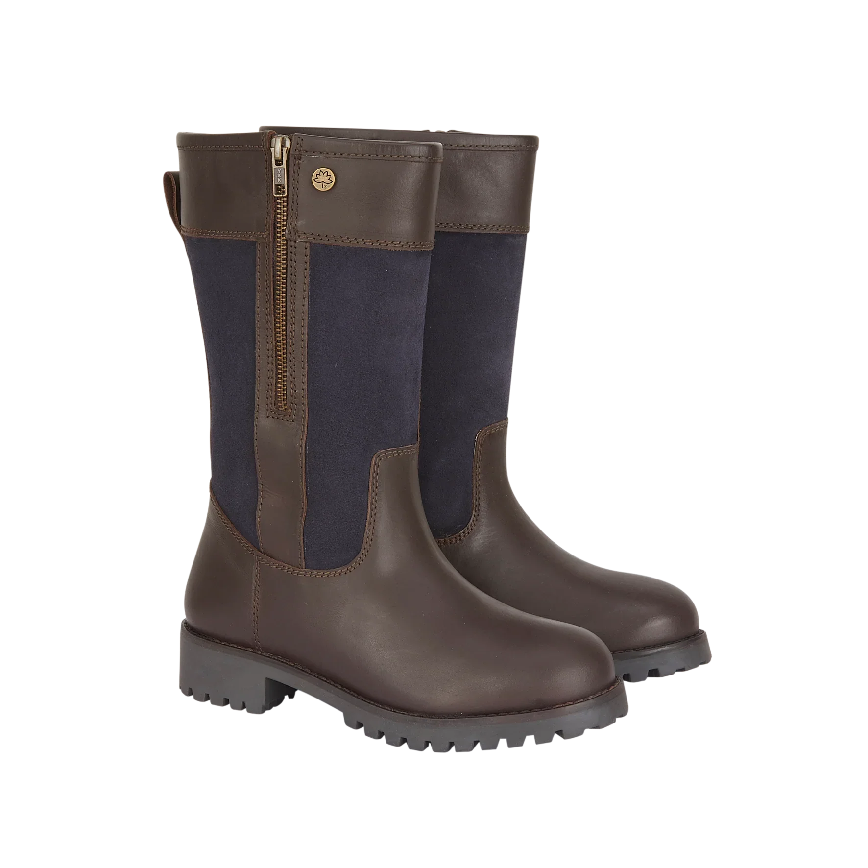 Brown leather country boots with navy suede panels, side zipper, and rugged sole for outdoor wear