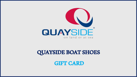 Quayside Boat Shoes gift card with brand logo and 'on land or at sea' tagline