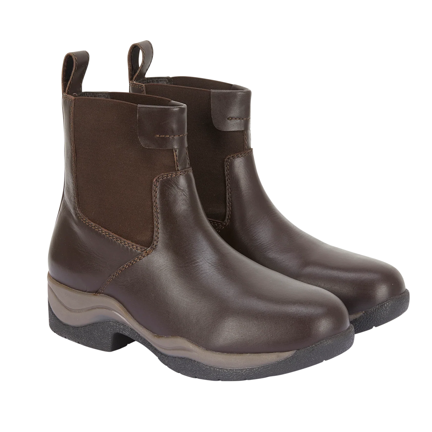 Brown leather country boots with elastic sides and sturdy sole, waterproof and breathable for outdoor wear