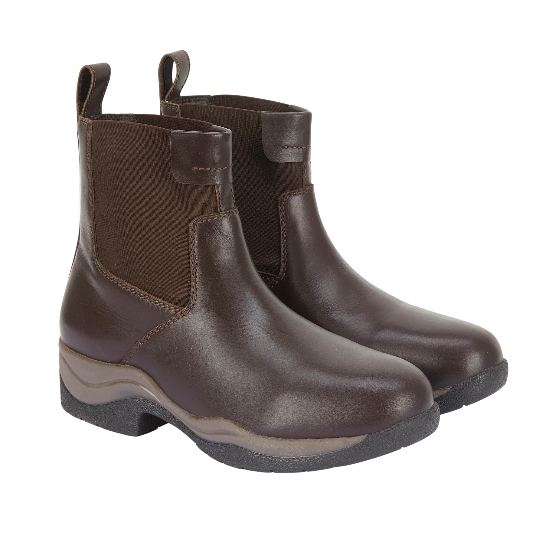 Brown leather country boots with elastic sides and sturdy sole, waterproof and breathable for outdoor wear