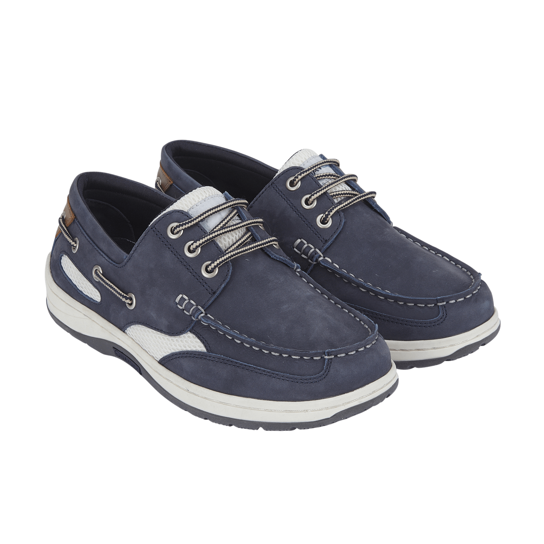 Pair of navy blue quayside boat shoes with white soles on a transparent background