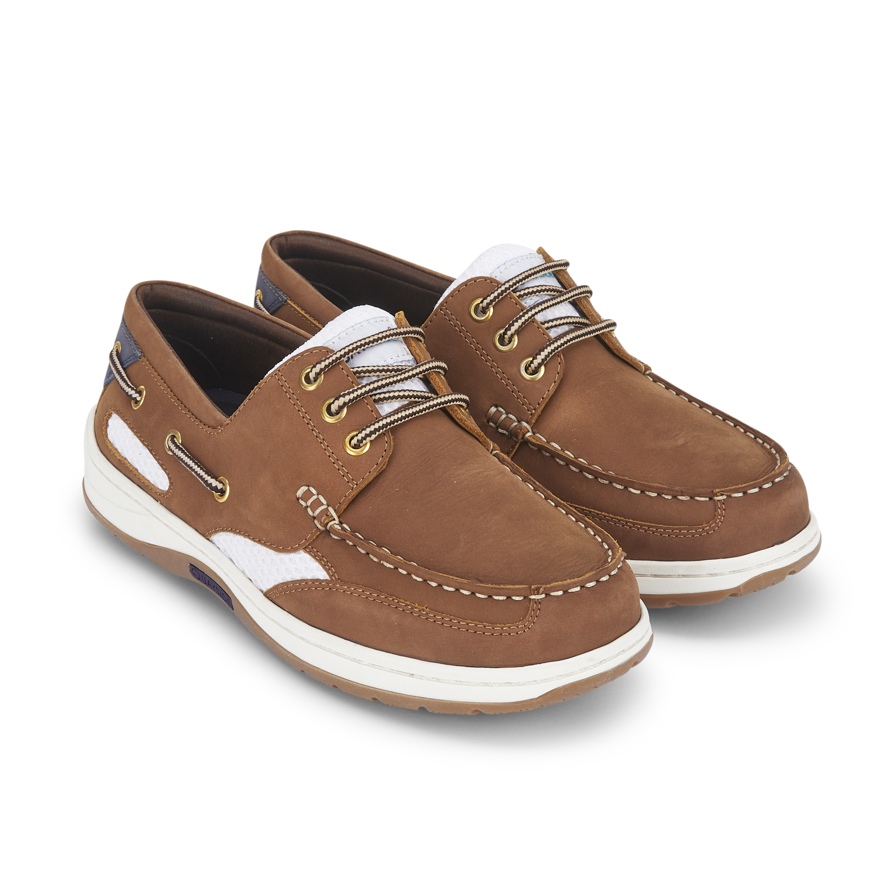 Brown leather boat shoes with white soles and striped laces, ideal for casual or country wear
