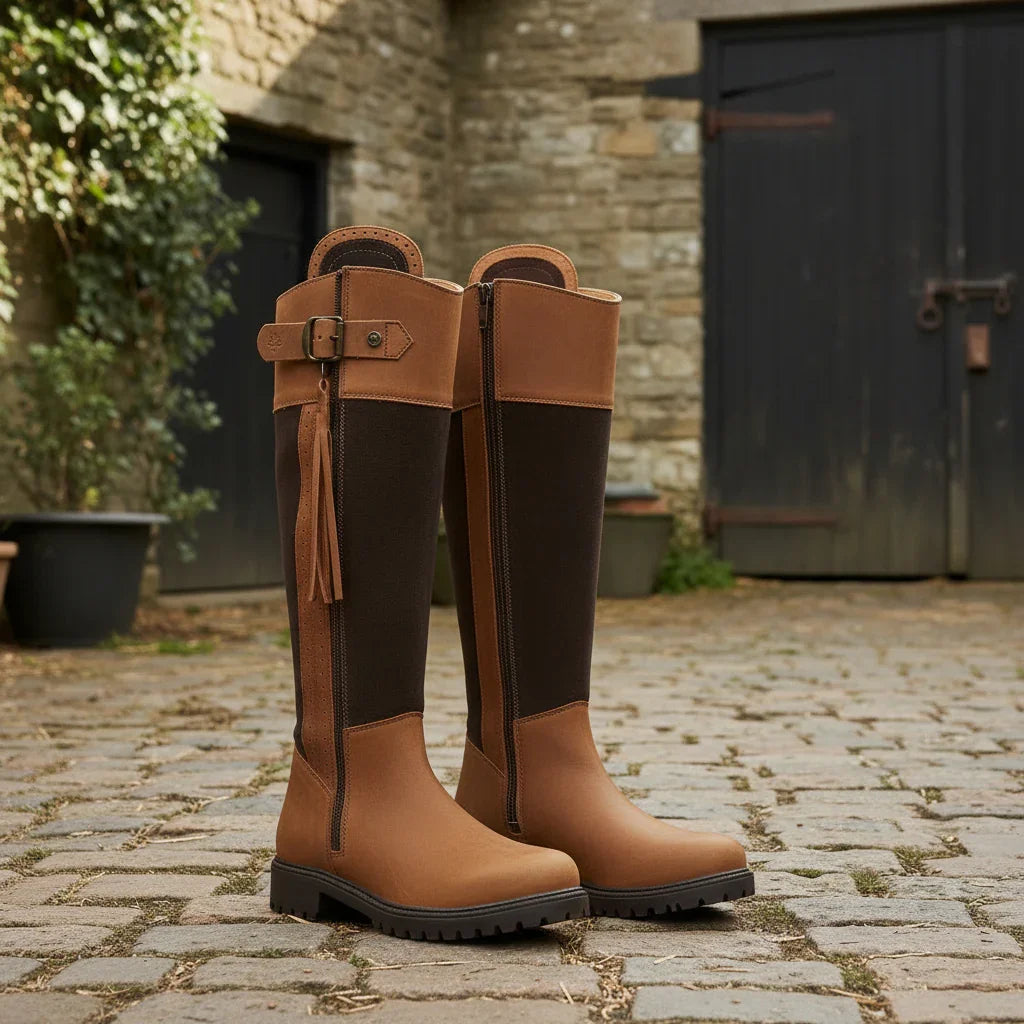 Handmade leather country boots with side zips and tassel detail, standing on cobblestone