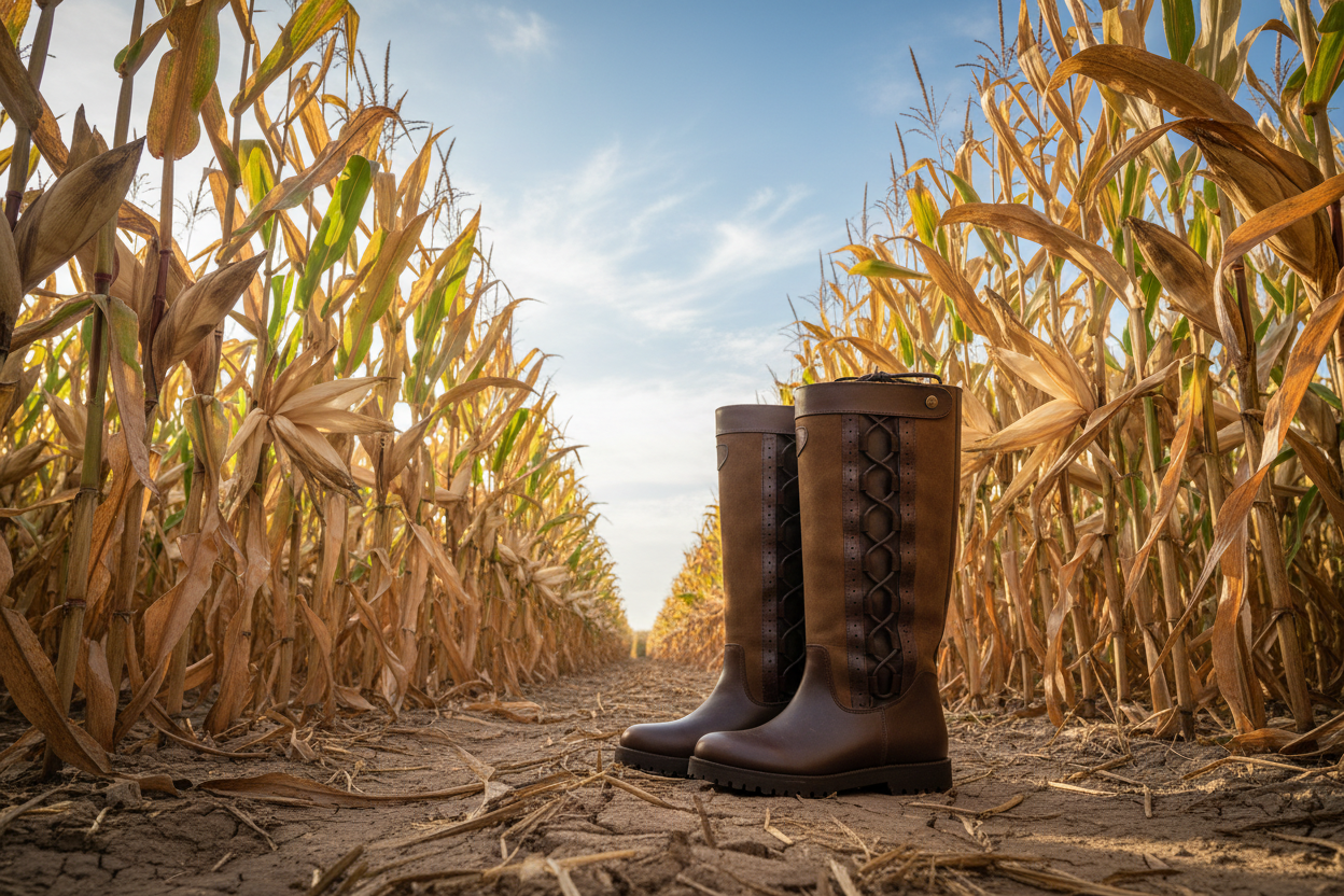 Brown leather country boots in a golden cornfield, perfect for outdoor adventures and wet weather.