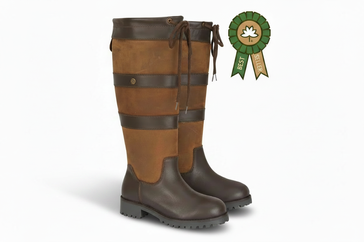 Handmade leather country boots with waterproof design and rugged sole, best seller award shown