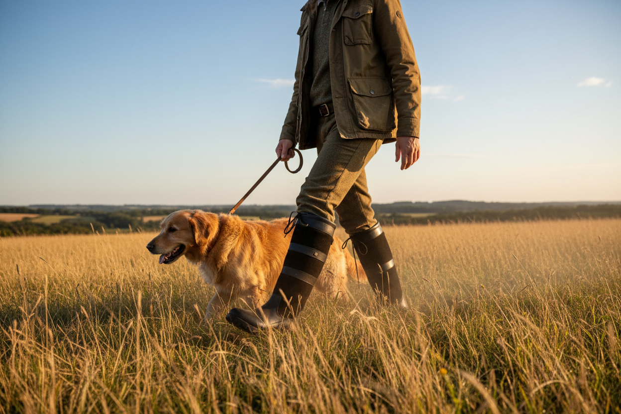 Man walking golden retriever in tall grass wearing waterproof country boots