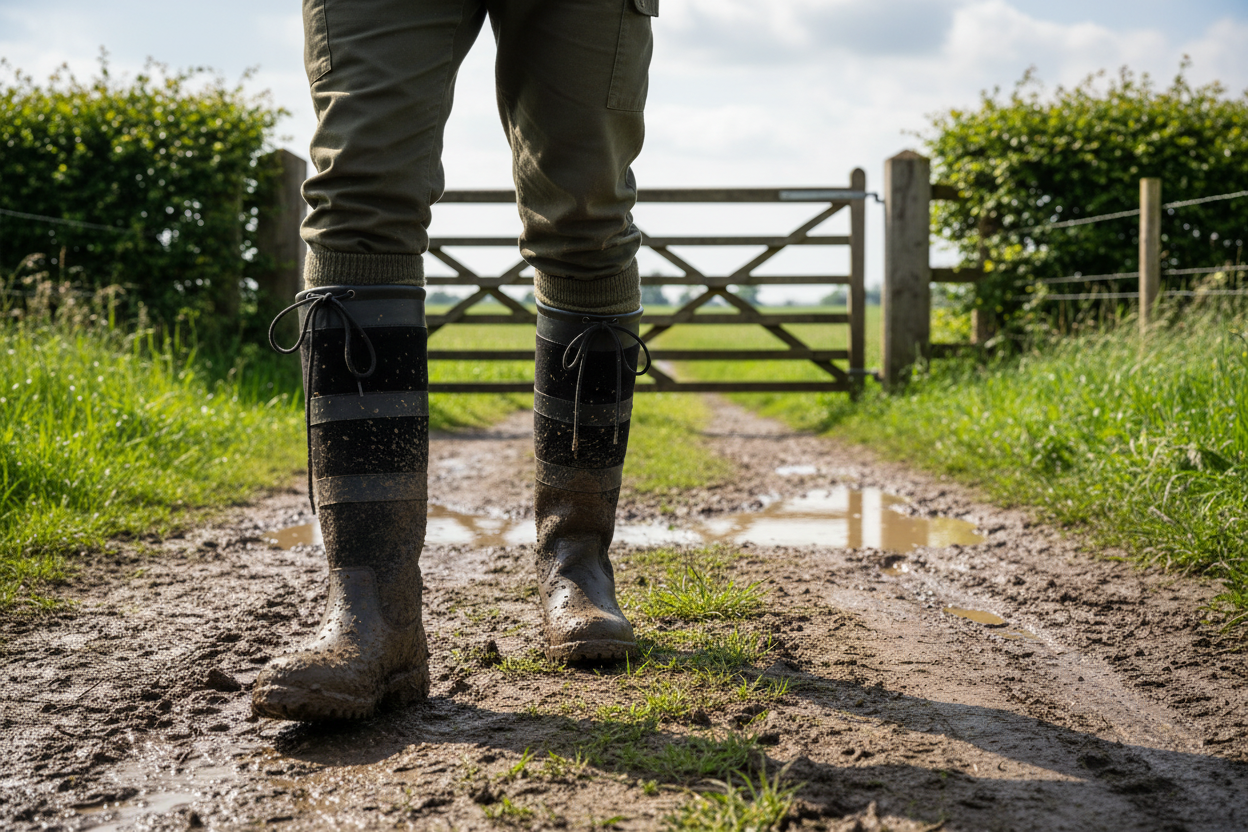 Muddy country boots on rural path, waterproof and durable for outdoor adventures