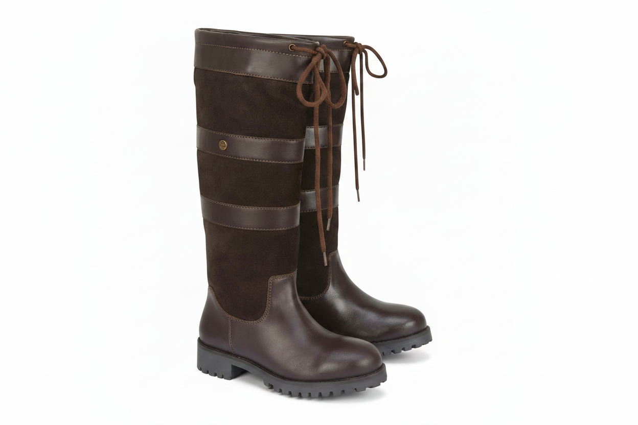 Brown leather country boots with suede panels, lace-up front, and rugged sole for outdoor wear