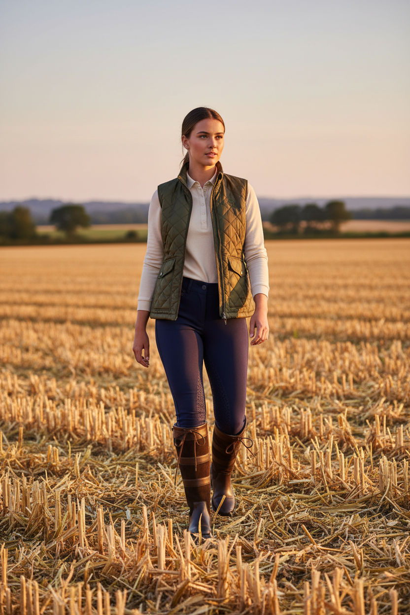 Woman wearing handmade leather country boots in a golden field at sunset, perfect for outdoor adventures.