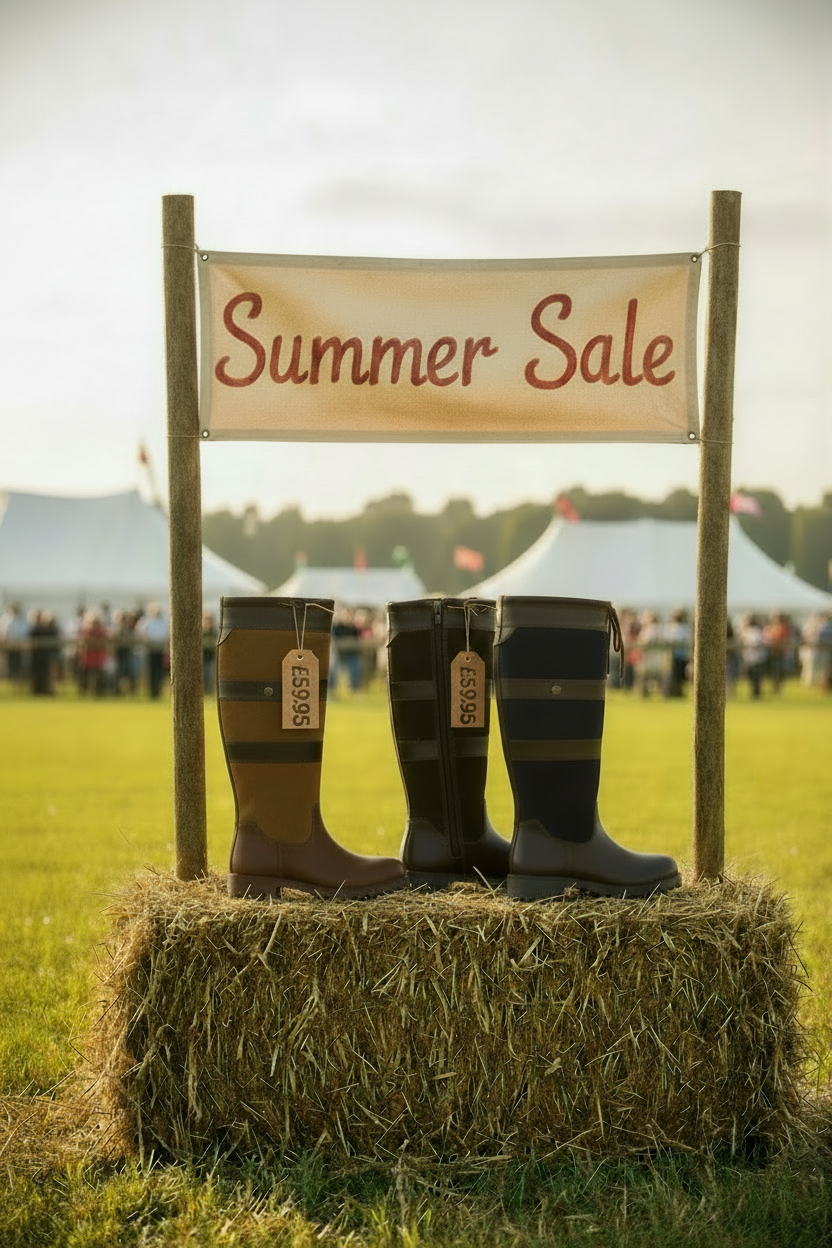 Summer Sale: Waterproof country boots on hay bale at outdoor event, £59.95 each