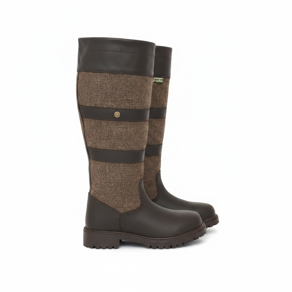 Handmade brown leather and tweed country boots for outdoor walking.