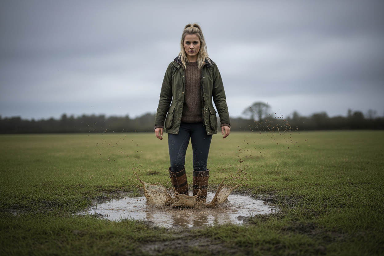 Blonde rider wearing Amberley Oak/Bison boots splashing in a puddle