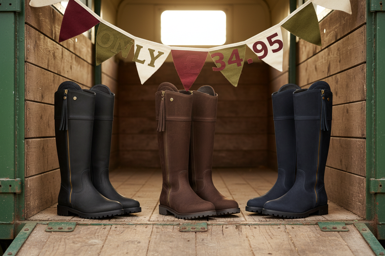 Three pairs of tall leather country boots in black, brown, and navy, displayed in a rustic wooden stable with price banner.