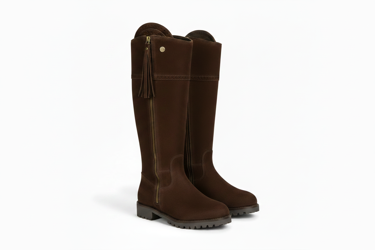 Brown leather country boots with side zipper and tassel detail, waterproof and durable for outdoor wear