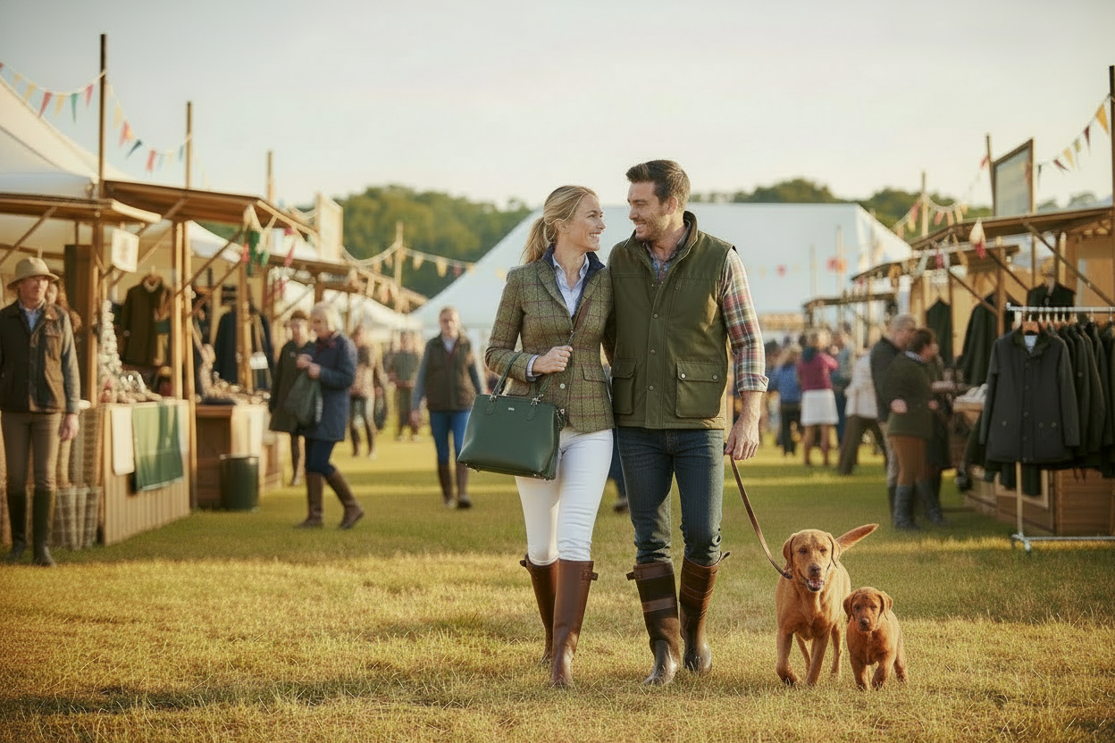 A couple walking with a dog through an outdoor country fair wearing country attire.