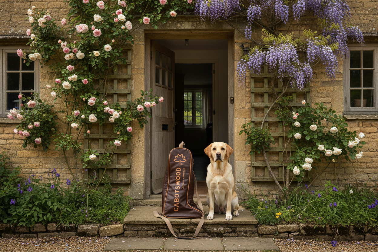 Handmade leather country boots in Cabotswood bag, beside golden retriever on stone porch with roses and wisteria