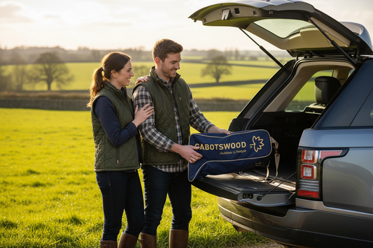 Couple with Cabotswood boot bag by car in countryside, wearing country boots