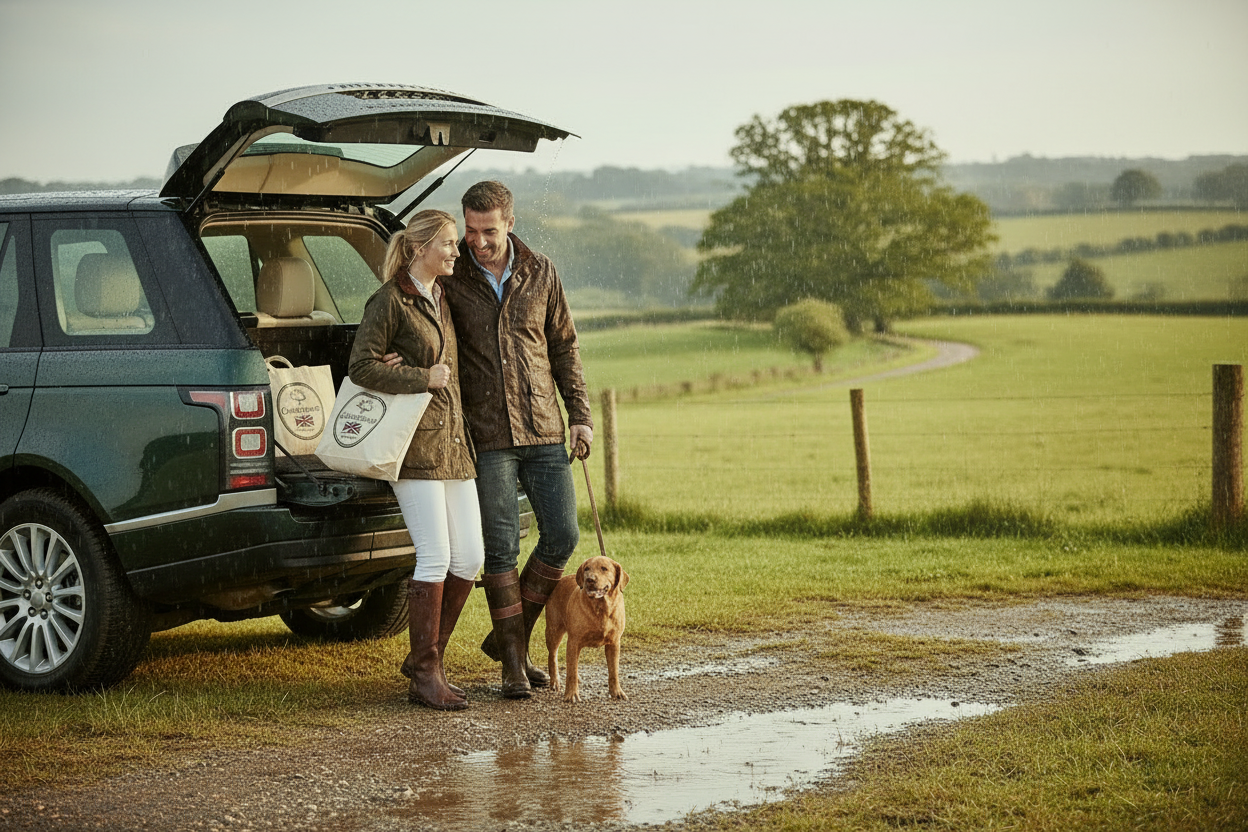 Cabotswood couple sheltering under Range Rover boot
