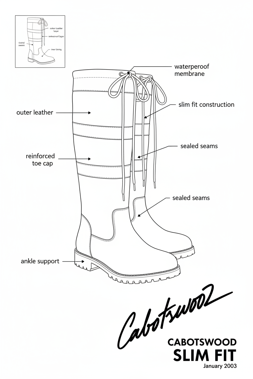Cabotswood Slim Fit country boot diagram showing waterproof membrane, sealed seams, and reinforced toe cap
