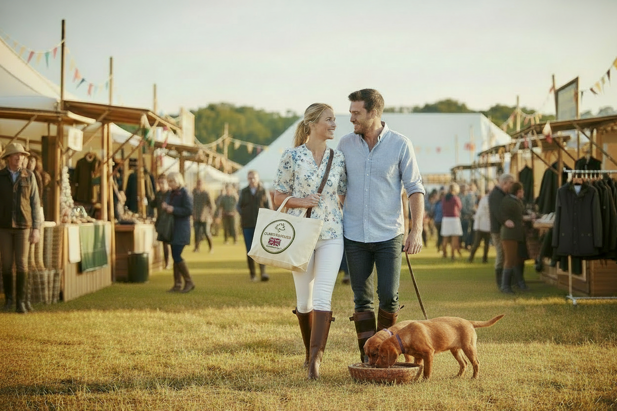 A couple walking with a dog at an outdoor country market wearing leather boots.