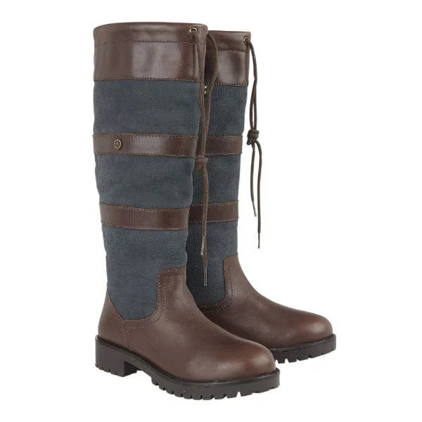 Handmade leather country boots with waterproof design, breathable fabric panels, and rugged sole for outdoor wear