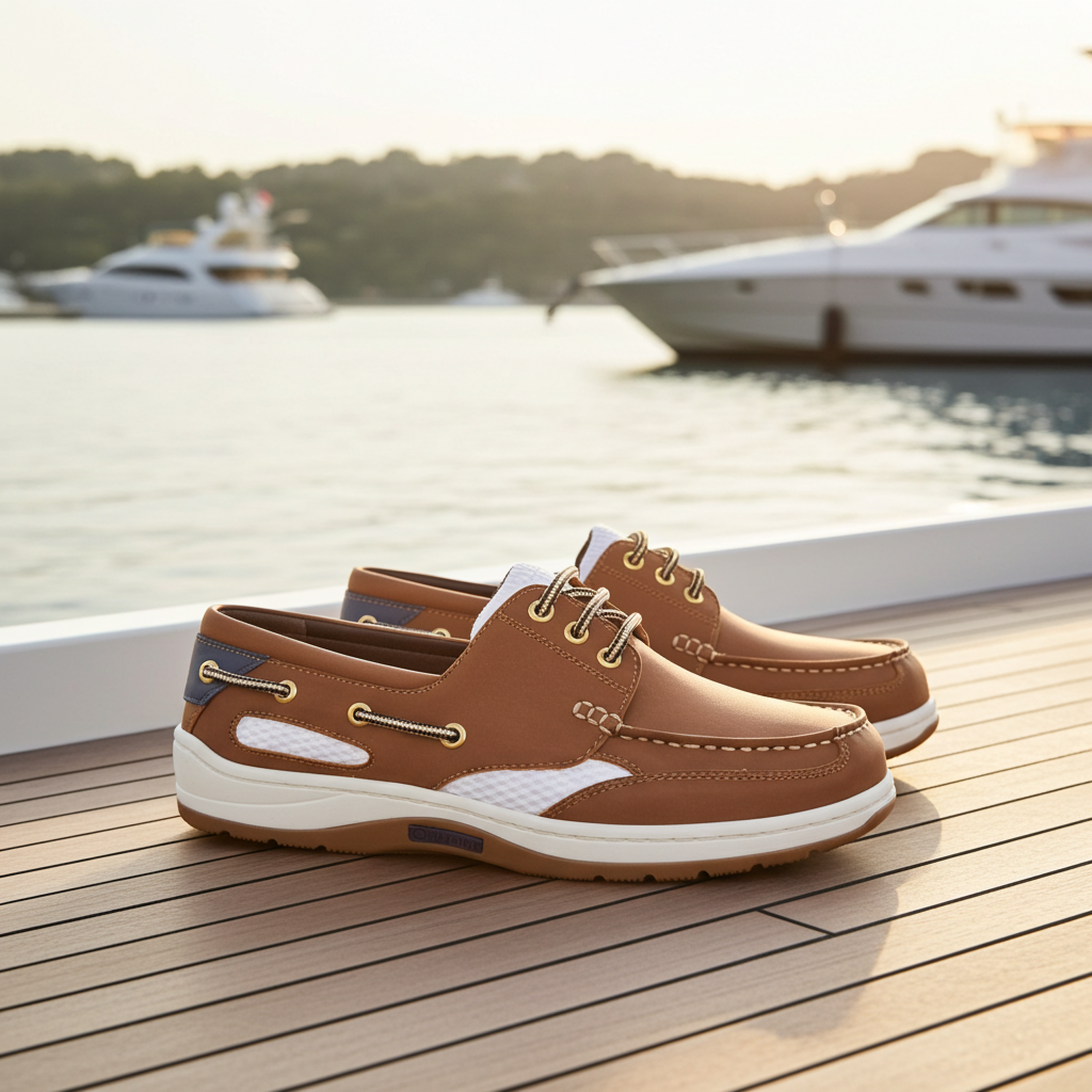 Brown leather boat shoes on yacht deck, waterfront sunset scene