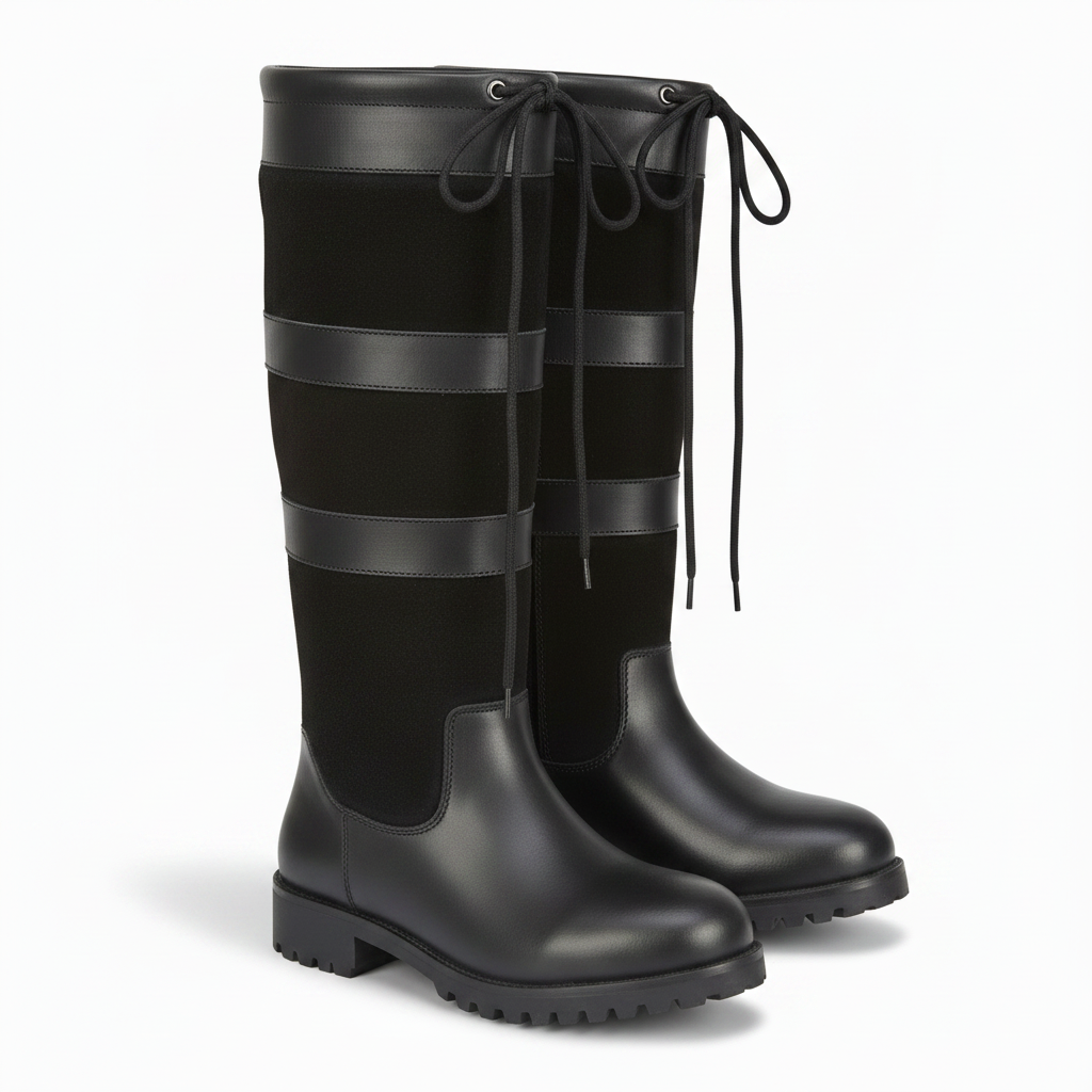 Black waterproof country boots with lace-up design and rugged sole for outdoor wear