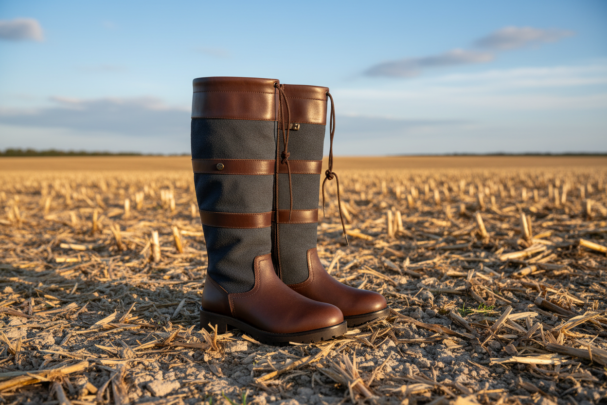 Handmade leather country boots with canvas panels, standing in a harvested field at sunset.