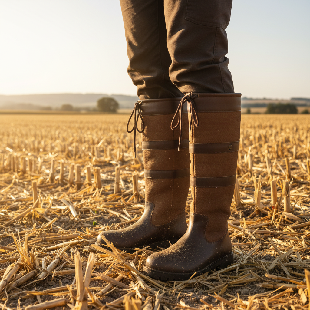 Brown leather country boots with laces, standing in a harvested field at sunset