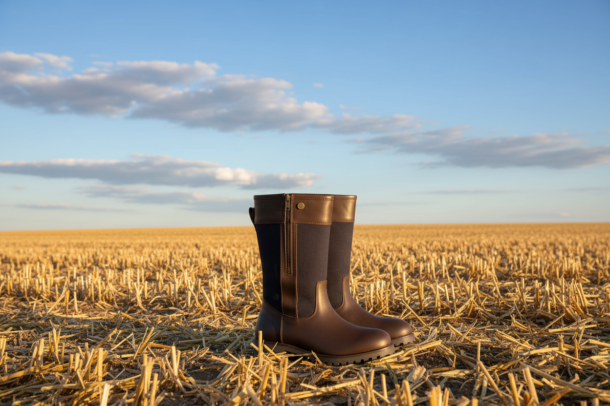 Brown leather country boots with side zips standing in a golden harvested field under blue sky