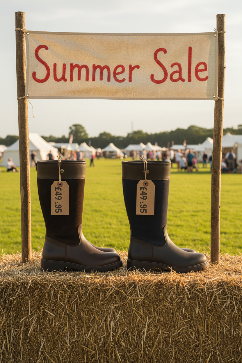 Brown leather country boots on hay bale under Summer Sale sign, £49.95 each