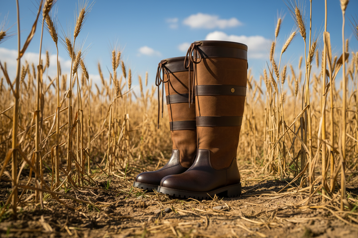 Handmade leather country boots in golden wheat field, waterproof and durable for outdoor use