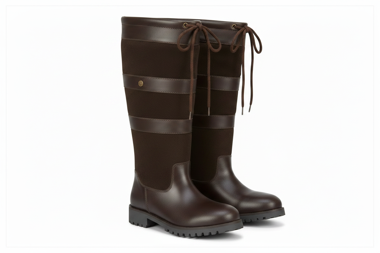 Brown leather country boots with lace-up detailing and rugged sole, waterproof and durable for outdoor use.