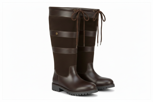 Brown leather country boots with lace-up detailing and rugged sole, waterproof and durable for outdoor use.