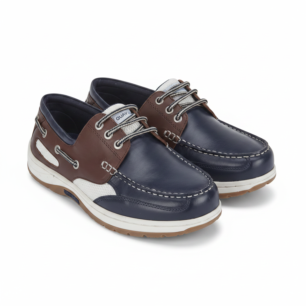 Navy and brown leather boat shoes with white stitching and rope laces, ideal for casual or country wear
