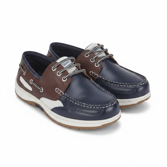 Navy and brown leather boat shoes with white stitching and rope laces, ideal for casual or country wear