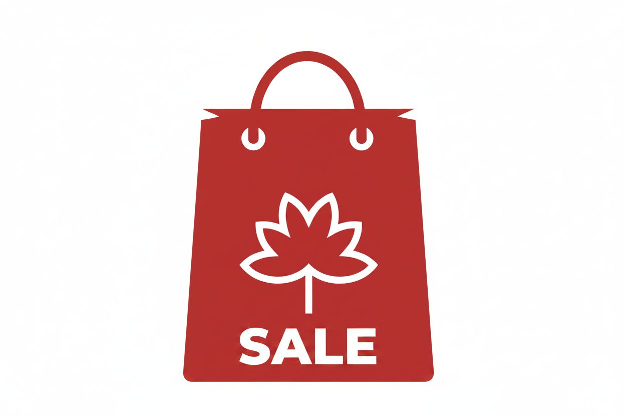 Red shopping bag with leaf icon and SALE text for country boots promotion