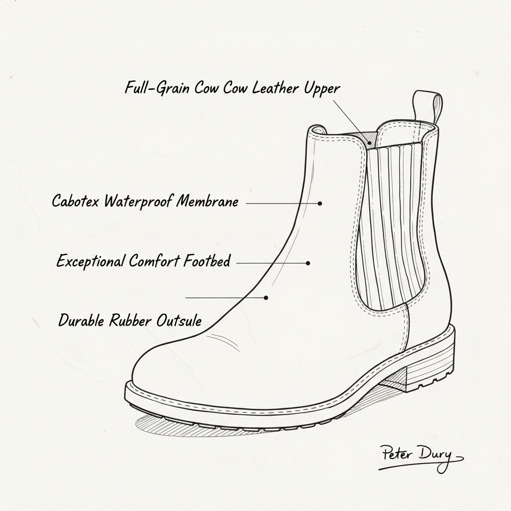 Hand-drawn diagram of a country boot highlighting full-grain leather, waterproof membrane, comfort footbed, and rubber outsole.