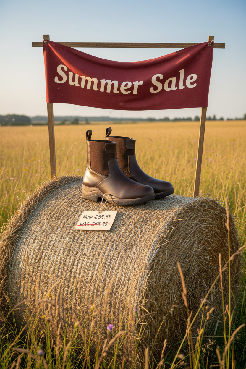 Brown leather country boots on hay bale under Summer Sale banner, now £39.95