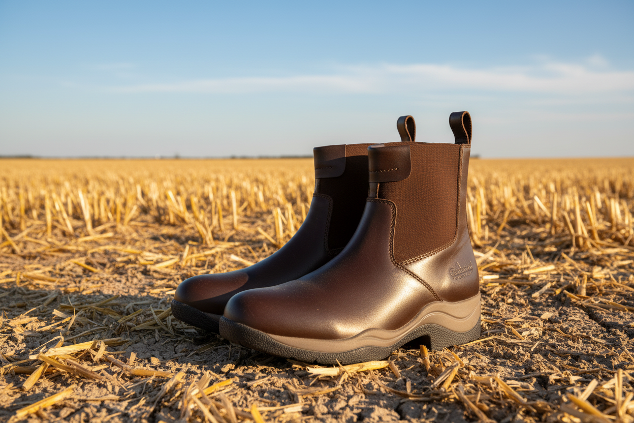 Brown leather country boots on harvested field, waterproof & durable for outdoor use