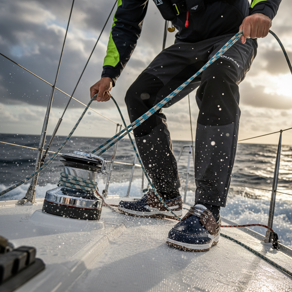 Waterproof sailing boots on a boat deck, handling ropes in spray, ideal for wet conditions
